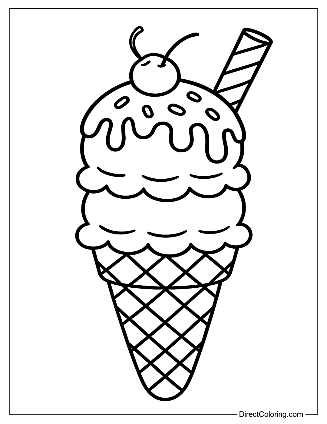 Three-layer ice cream cone coloring page with chocolate sauce, cherries and waffles.